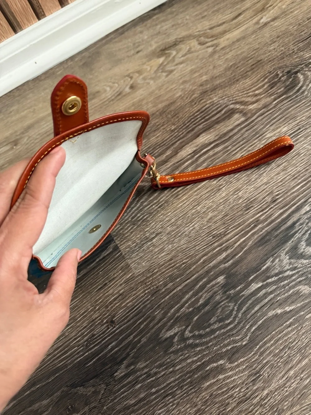 Dooney & Bourke Patent Leather Clutch in Bright Blue with Brown Trim - Picture 8 of 10